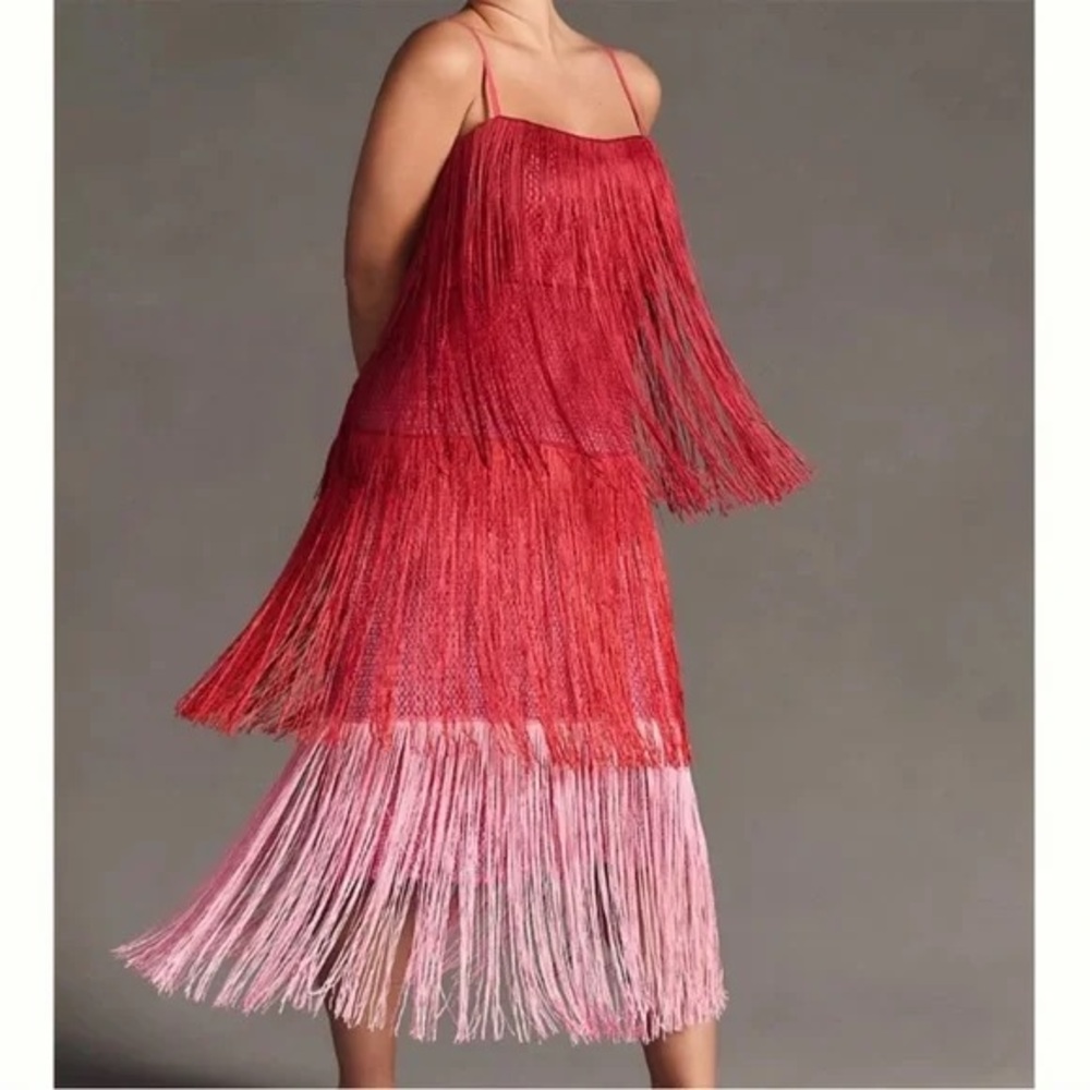 Anthropologie Red and Pink Fringe Midi Dress